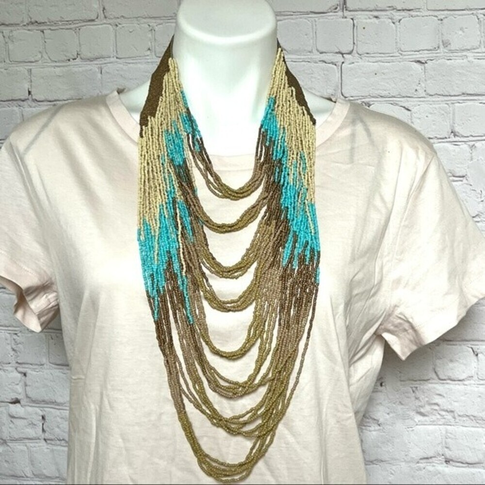 Long 34” multi-strand beaded necklace multicolor seed bead statement Bohomian